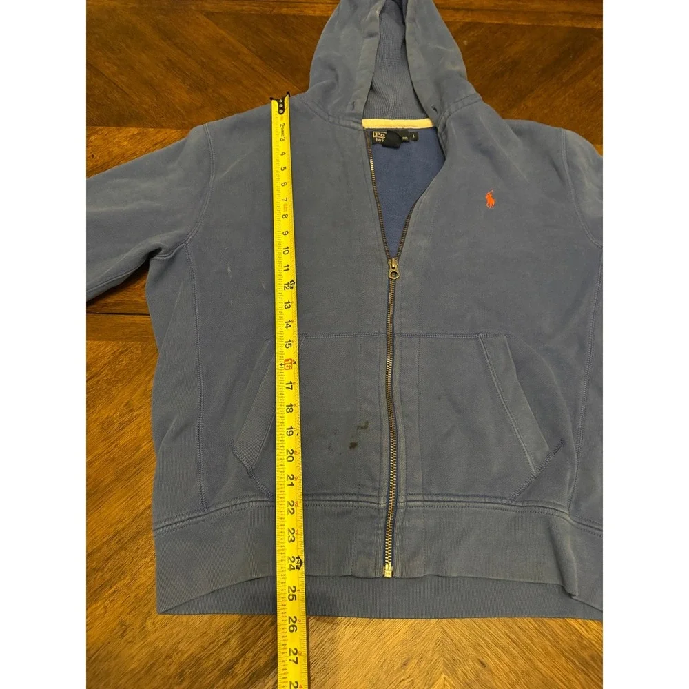 Polo Ralph Lauren Mens Blue Full Zip Hoodie Orange Pony Logo‎ Distressed Large